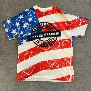 Vintage 90s Big O Tires All Over Print USA Flag Center Puff Print Tee Adult L